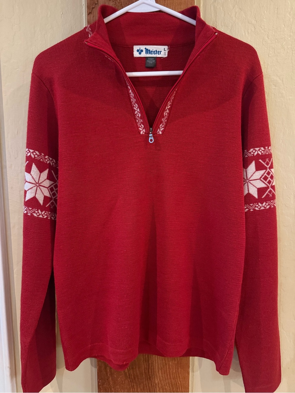 Meister Red Wool Blend Fair Isle Snowflake Quarter Zip Sweater – Size Large